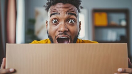A person opening an unexpected package with a surprised expression, showing shock and happiness.