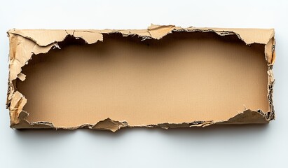 Torn cardboard box, empty, damaged, ripped, rectangle shape, brown, on white background.