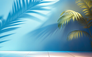 stock photo features a minimalist, generative concept with palm leaves casting shadows on a blue wall and pastel floor, creating a summer tropical beach background in an empty room ideal for product
