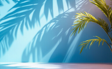 stock photo features a minimalist, generative concept with palm leaves casting shadows on a blue wall and pastel floor, creating a summer tropical beach background in an empty room ideal for product
