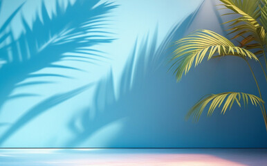 stock photo features a minimalist, generative concept with palm leaves casting shadows on a blue wall and pastel floor, creating a summer tropical beach background in an empty room ideal for product