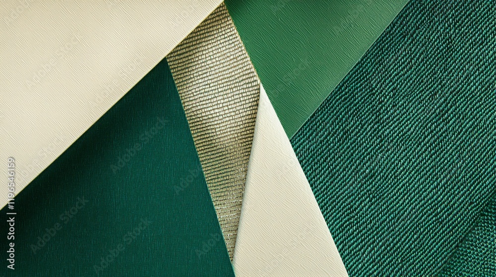 Poster Three-dimensional sharp geometric patterns in rich green tones interlace with creamy accents, showcasing a captivating display of color and texture. The composition invites exploration of design