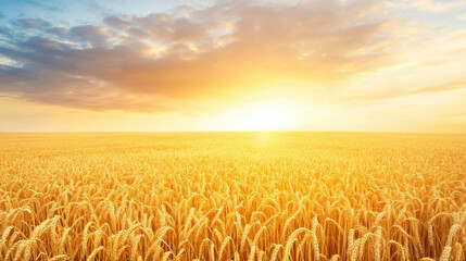 Naklejka premium Golden wheat field at sunset under dramatic clouds