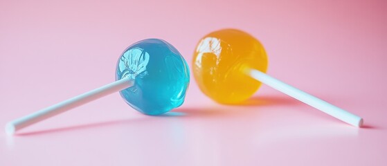 Lollipops in blue and yellow colors on a pink background highlighting sweet treats, candy enjoyment, and playful desserts for children and gatherings.