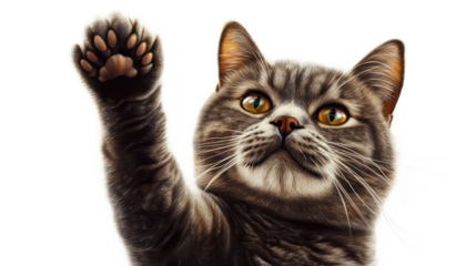 Adorable Gray Cat with Golden Eyes Raising Paw and Displaying Playful Attitude Against White Background, Ideal for Animal Lovers and Cat Enthusiasts