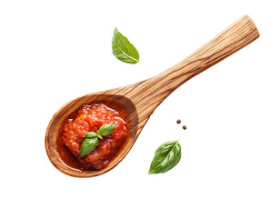 Tomato Sauce on Spoon, Isolated on White Background – Fresh Italian Tomato Red Pulp Macro Detail, Light Wooden Spoon, High Resolution, Bright Icon