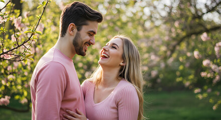 Fototapeta premium Happy Couple Laughing in Spring Blossoms Romantic Garden Scene