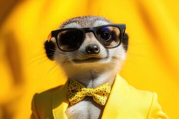 Meerkat wearing glasses and a yellow suit against a bright background, showcasing a quirky and playful animal character suitable for fun marketing materials.