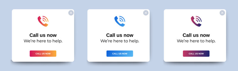 Set of Call now pop up banner with flat design on white background. Professional web design, full set of elements. User-friendly design materials. vector