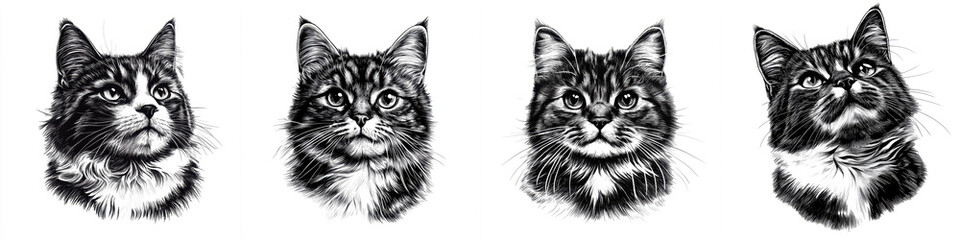 Fototapeta premium Portraits of four distinct cats, showcasing their unique features and expressions
