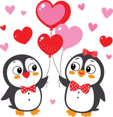 A charming illustration of two cartoon penguins, dressed in bowties and holding heart-shaped balloons, perfectly captures the spirit of Valentine's Day.