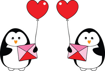 Two adorable cartoon penguins are exchanging messages, represented by envelopes, with red heart balloons.