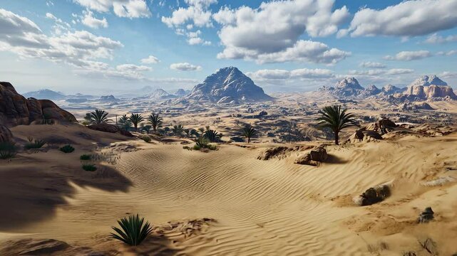 The landscape is shown in the game arma 3. , palm trees, rocks mountains, drought, sand, landscape. A mountain landscape with sand and a drought. A desert landscape with palm trees desert. Lifestyle.