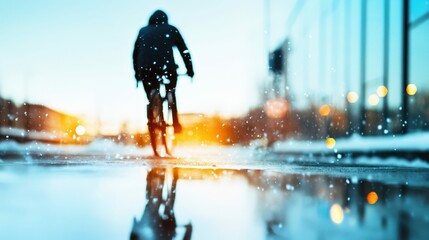Fototapeta premium Abstract reflection of a cyclist in a puddle with surreal light and atmosphere