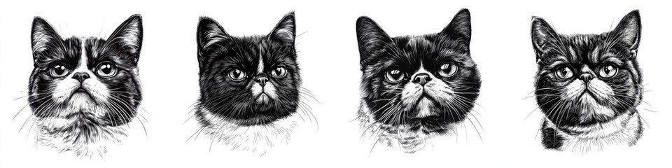 Exquisite pencil drawing of Exotic Shorthair cats showcasing unique expressions
