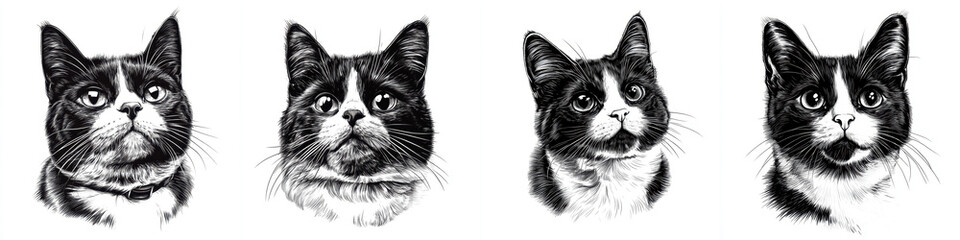 Portraits of Munchkin cats pencil drawing style, showcasing their unique features and