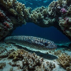 Axolotl in a glowing underwater cave with vibrant, colorful corals.
