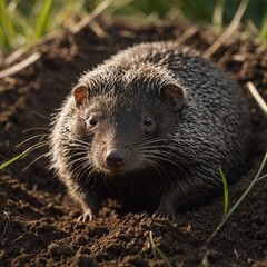 Fototapeta premium A porcupine snuffling through fallen leaves in a jungle setting. 