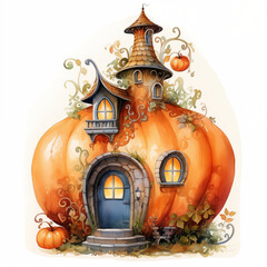 Obraz premium A magical fairytale house nestled inside a giant pumpkin, surrounded by autumn leaves and smaller pumpkins. A cozy and imaginative watercolor illustration radiating warm autumn vibes