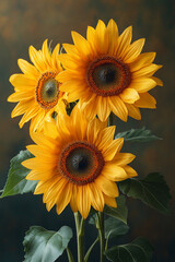 Three Bright Yellow Sunflowers Bloom Together