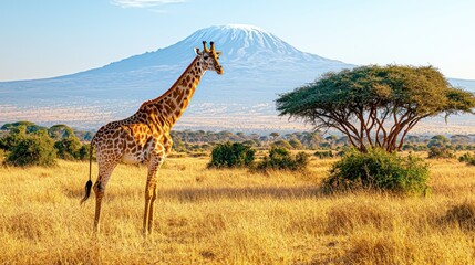 Obraz premium Giraffe standing Kilimanjaro savanna sunrise Africa.