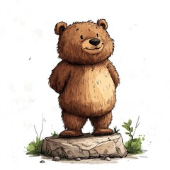 Adorable Brown Bear Cub Standing on a Rock: A Charming Wildlife Cartoon Illustration