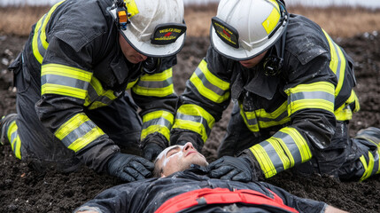 Firefighters performing CPR on injured person in outdoor emergency scene