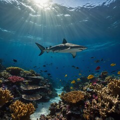 Fototapeta premium A vibrant coral reef scene with a reef shark swimming gracefully. 