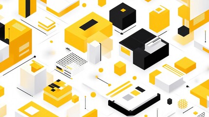 Obraz premium Abstract 3D Isometric Geometric Shapes in Yellow and Black on White Background