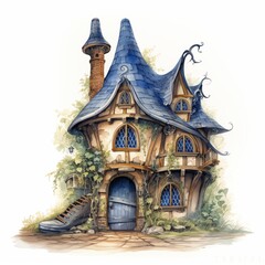Fototapeta premium Charming fairytale house with a blue wavy roof, wooden details, and whimsical shoe design. Surrounded by lush greenery, this watercolor illustration captures a magical storybook vibe