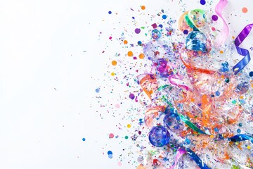 Fototapeta premium Colorful confetti and ribbons burst on white background.