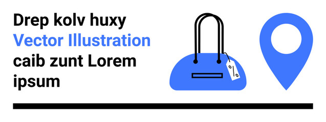 Elegant blue handbag with price tag next to a blue location pin icon, accompanied by placeholder text. Ideal for online shopping, fashion, ecommerce, travel, store locator, promotional ads