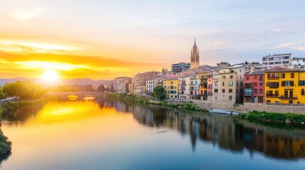 Obraz premium Scenic sunset over a river with colorful buildings and a tower.