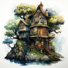 A stunning watercolor-style illustration of a magical treehouse built atop a rocky cliff, surrounded by lush green trees. The intricate wooden architecture seamlessly blends with nature, creating a dr