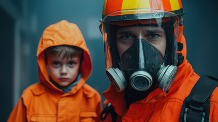 Firefighter in protective gear rescuing child from smoky building