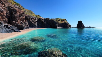 Fototapeta premium Serene beach scene with clear water and rocky coastline.