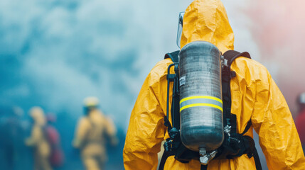 firefighter in hazmat suit with oxygen tank amidst smoky environment