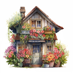 A charming watercolor illustration of a quaint cottage adorned with vibrant flowers in pots and cascading from balconies and windowsills. The house has a warm, rustic aesthetic, with a welcoming front