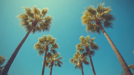 Obraz premium Palm trees swaying in the breeze tropical paradise nature scene sunny day low angle view
