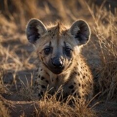 Obraz premium Intense gaze of spotted hyena in natural habitat. close-up, the eyes of a hyena, with fine fur details visible. ai generative 