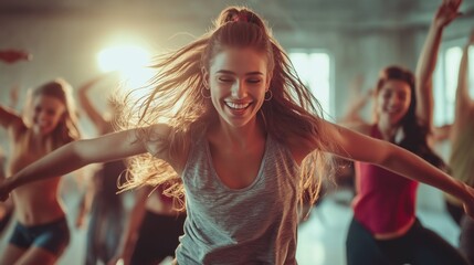 Energetic group dance session in studio setting