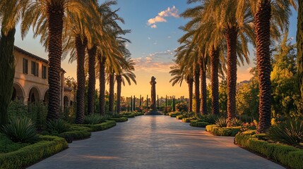 Obraz premium Stunning sunset walkway with palm trees leading to a statue luxury garden outdoor scene inspirational view