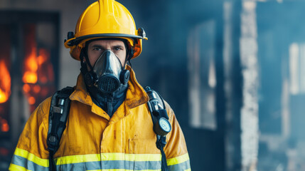 Firefighter in protective gear standing near burning building, focused and determined