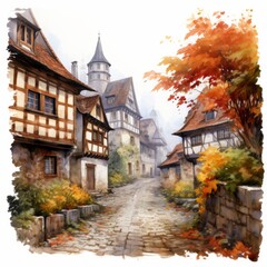 Obraz premium A charming watercolor illustration of a medieval village street in autumn. Half-timbered houses with red roofs are surrounded by golden and orange foliage, creating a warm and inviting scene
