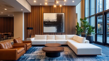 Modern Lobby Interior Design:  Elegant Lounge with White Sectional Sofa, Wooden Wall, and Abstract Artwork