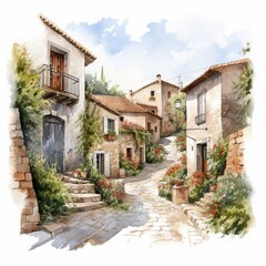 A delightful watercolor depiction of a medieval village street on a sunny summer day. Half-timbered houses with red tiled roofs line the cobblestone path, adorned with potted flowers and greenery