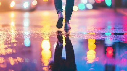 Fototapeta premium Urban night walk: colorful reflection of pedestrian in rainy street