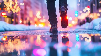 Urban winter reflection of crazy socks in colorful puddle