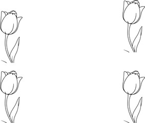 Simple tulip sketches, minimalist floral design, repeating pattern, black and white line drawing, botanical illustration, four tulips arranged symmetrically, clean graphic style, delicate flower outli