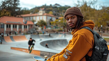 Skateboarder urban park portrait, autumn day.